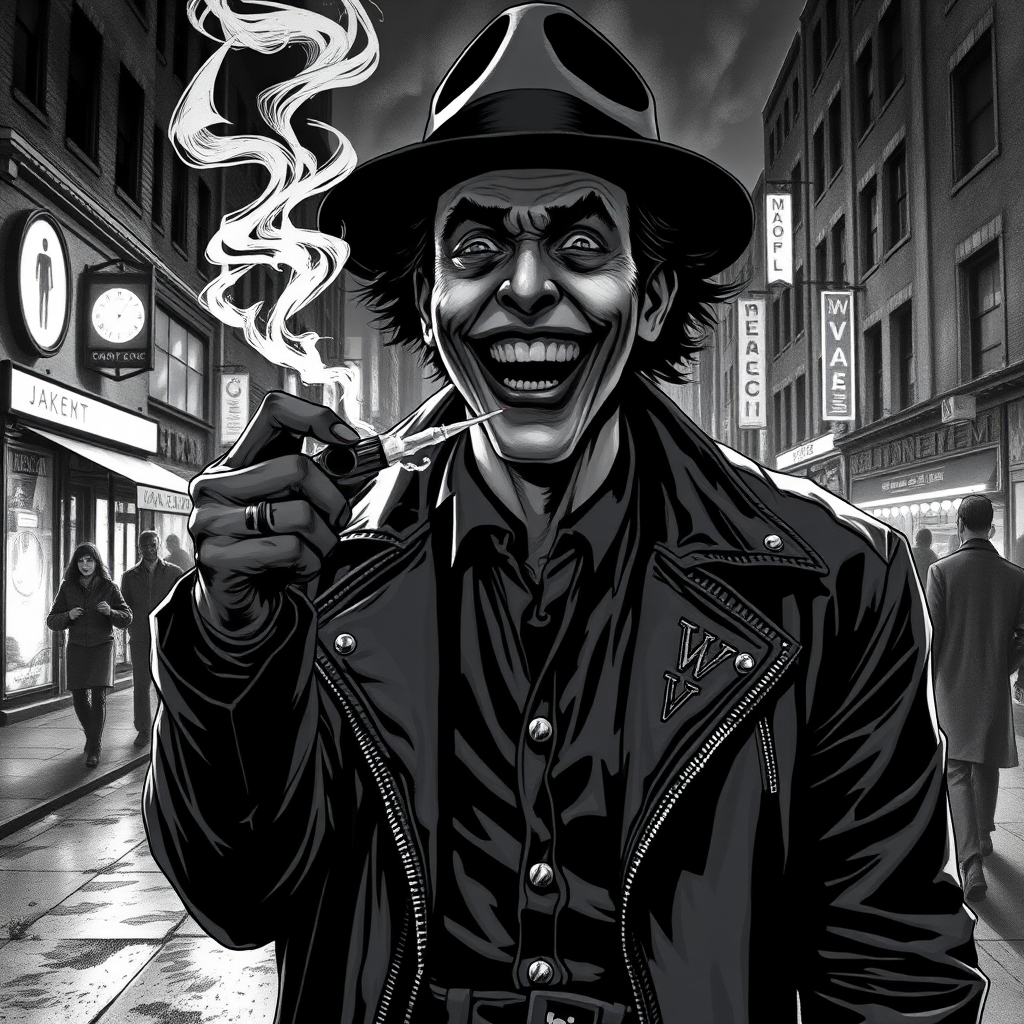 ((by Frank Miller, 30's Sin City style, Bloodstainedai, grayscale visual novel of Joker, b&w, color accent, emphasis on deep colors, wearing punk jacket, smoking Joker, wears a hat, (laughing: 1.1), holding a detonator, noir atmosphere, night city street in Gotham background, full body, arthouse, detailed beauty face, detailed beauty eyes)), (high quality, masterpiece: 1.2), perfect composition, (("chaotic, absurd and anarchy sign")), visual storytelling. - Image