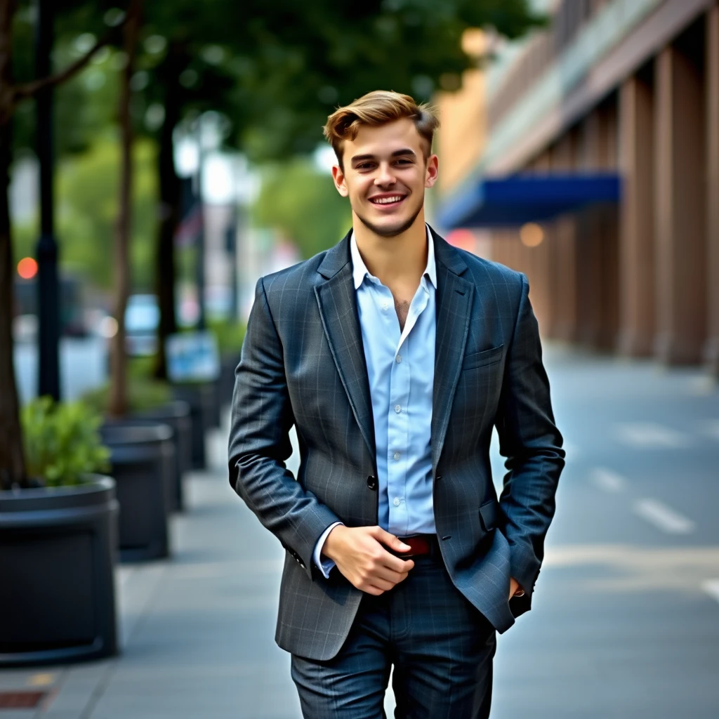 A man, 23 years old, short brown hair, leisure suit, handsome, walking on the street, smile, full body shot.