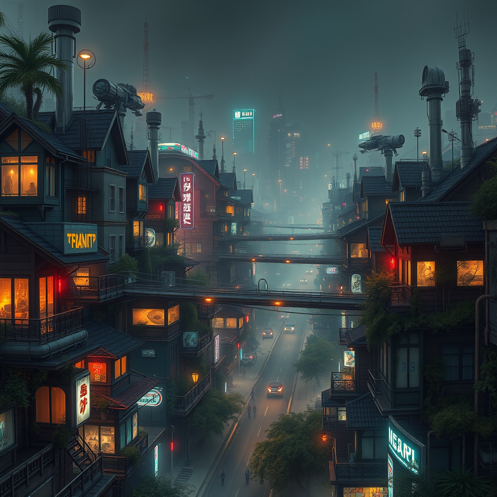 Highly detailed futuristic cityscape photo. Houses are tall, lights and neon signs everywhere. It's night time. Some houses have pipes and scaffolding. Overbridges with futuristic vehicles above the roads. There are trees and vegetation growing up the buildings. The mood of the picture is at once crowded, scary, sci-fi, steampunk, solarpunk, dystopian, 4K.