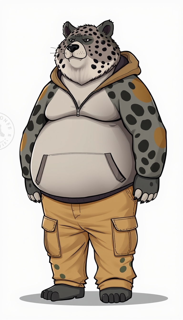 Quarter view, anthropomorphic obese gray bear leopard hybrid, blended features. Gray and black fur with tan and white fur markings. He has a heavyset body. Wide fat bottom. Fat wide double chins. Tan cargo pants and zip-up hoodie. Full body. Uncropped. Fluffy fur. Abstract background digital art, cartoon.