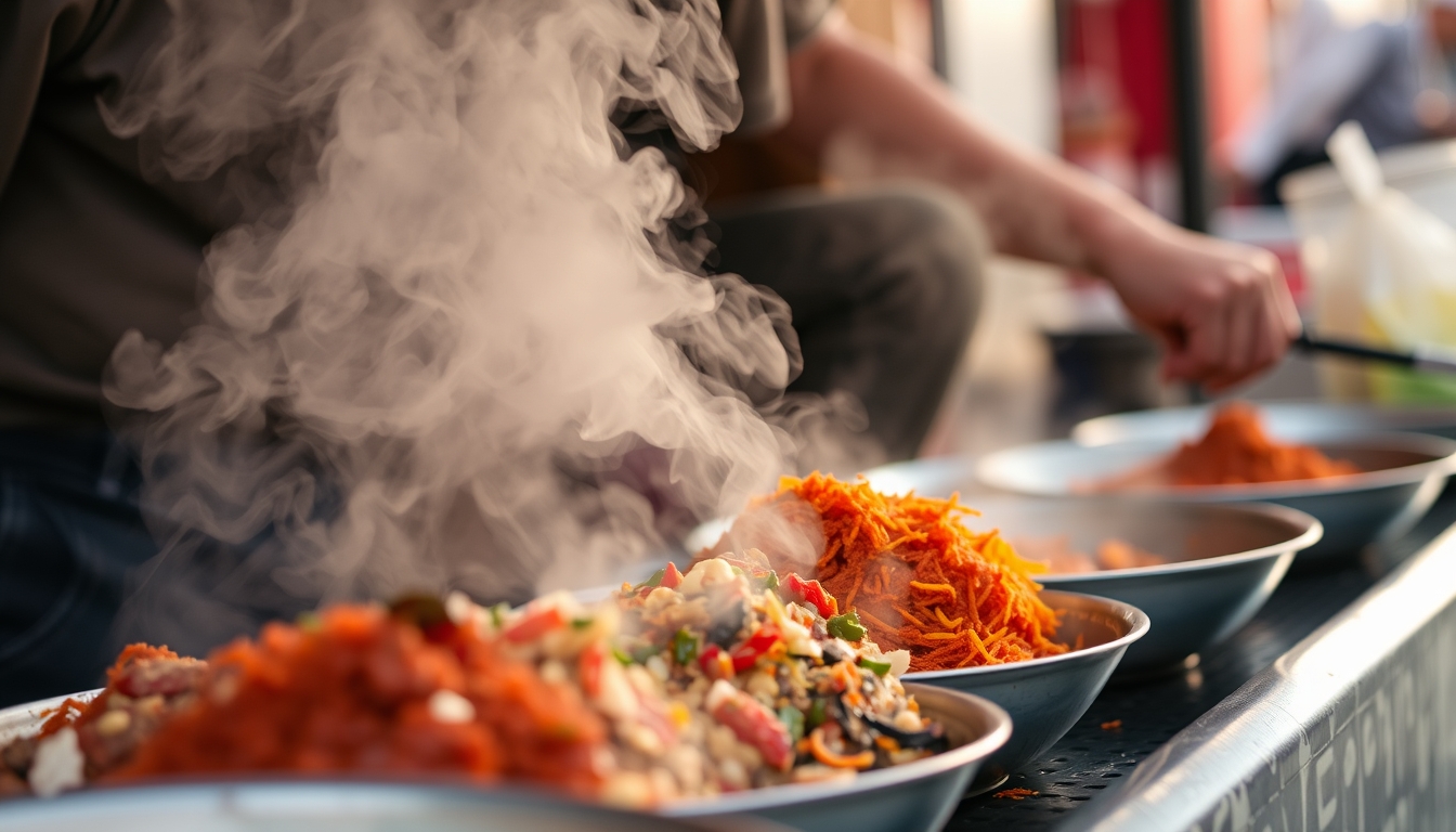 A close-up of a street vendor preparing a colorful and aromatic dish, with steam rising and vibrant spices on display. - Image