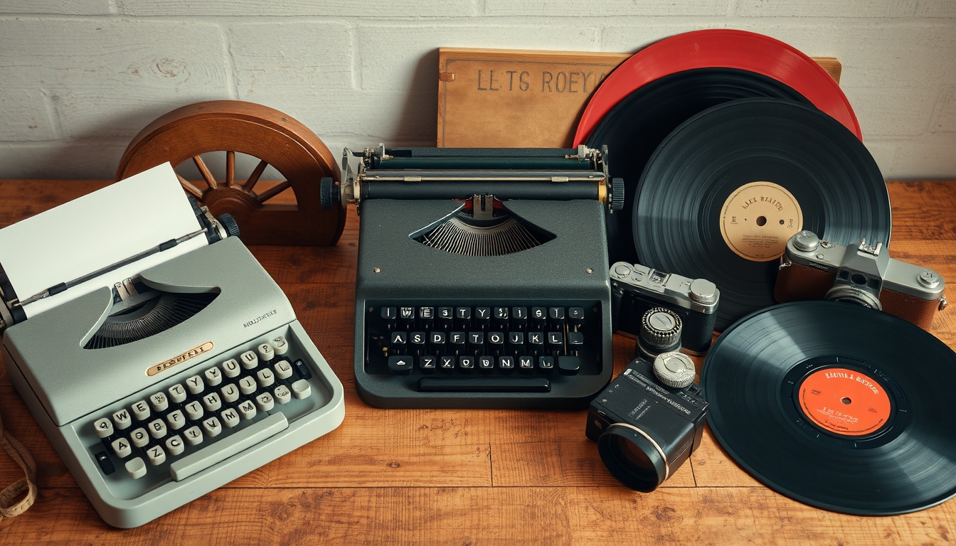 A nostalgic still life of old-fashioned items like a typewriter, vinyl records, and vintage cameras, arranged artfully on a wooden surface.