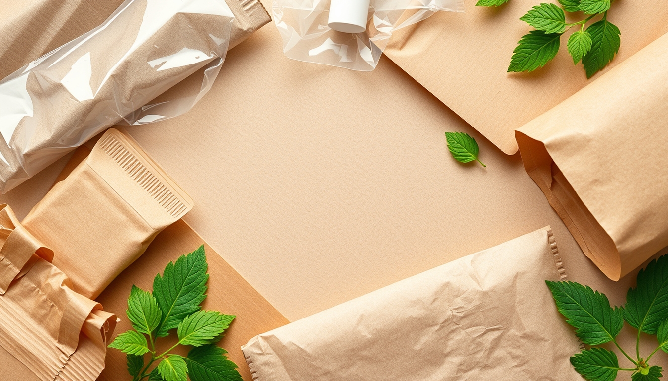 A detailed close-up of sustainable packaging materials, including cardboard, paper, and biodegradable plastics, arranged aesthetically on a neutral background.