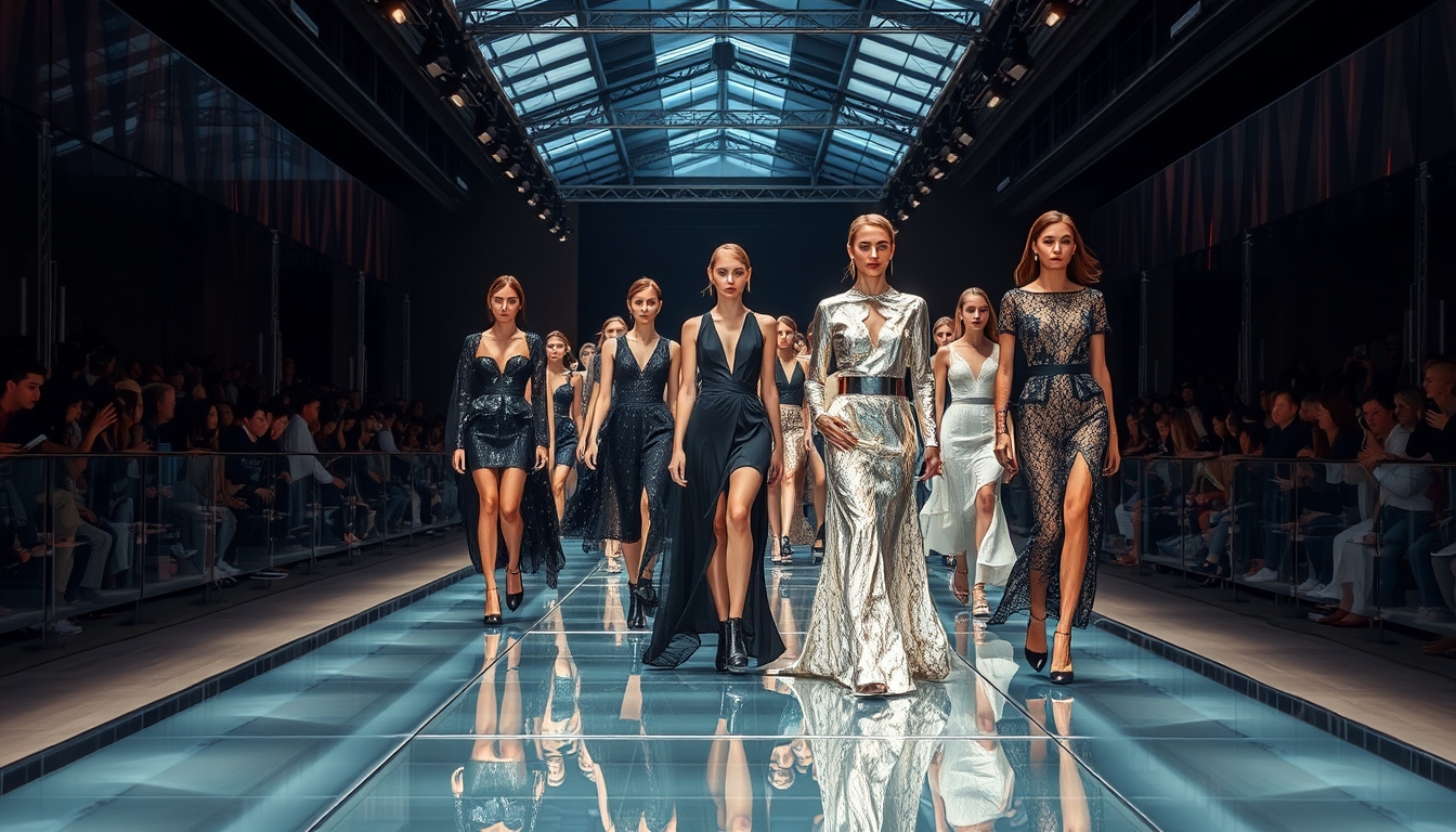 A high-end fashion show with models walking down a glass runway. - Image