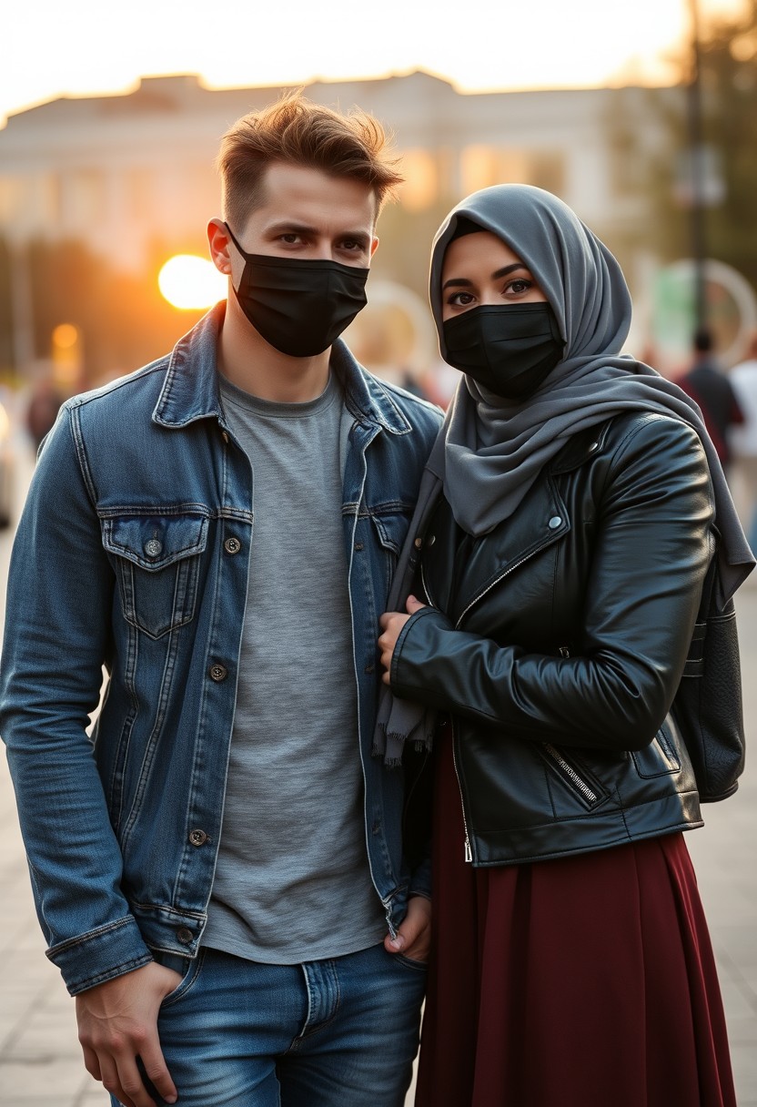 Jamie Dornan's head and body shot, handsome, black face mask, denim jacket, jeans, dating, love couple, with the biggest grey hijab Muslim girl, black face mask, beautiful eyes, black leather jacket, biggest skirt, taking picture, DSLR Canon camera, sunset, hyper-realistic, street photography.