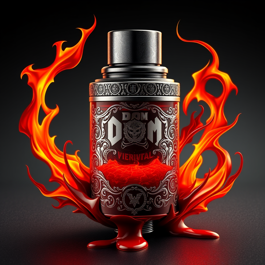 Hyper-realistic logo design for DoomVapes: Intricately detailed metallic vape tank, engraved with infernal motifs. Hellfire wisps curl around the device. Blood-red liquid seeps through cracks. Chthonic symbols etched on sleek surface.