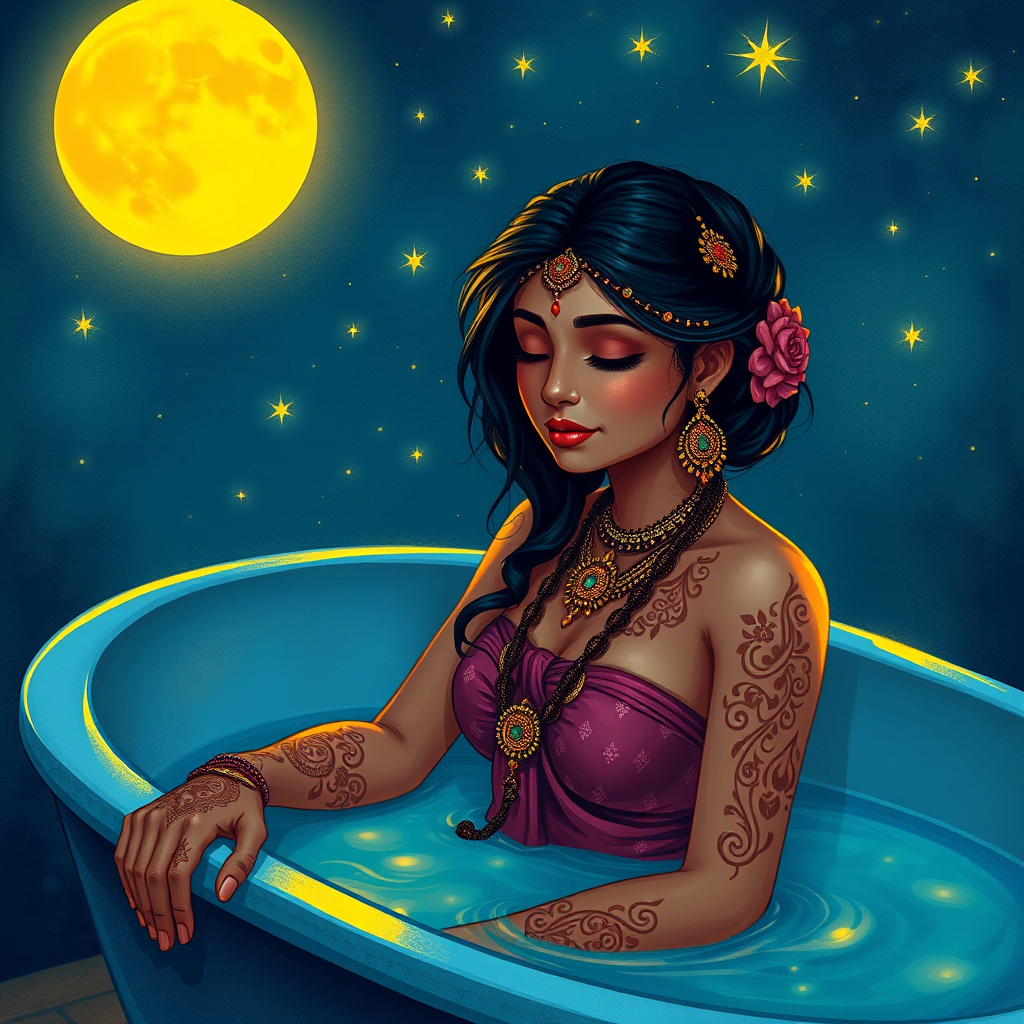 /imagine prompt: Indian princess in a bathtub, bright yellow moon and stars illuminating the night, intricate henna designs on her skin, peaceful and tranquil setting, ethereal glow, illustration, vibrant colors --ar 16:9 - Image