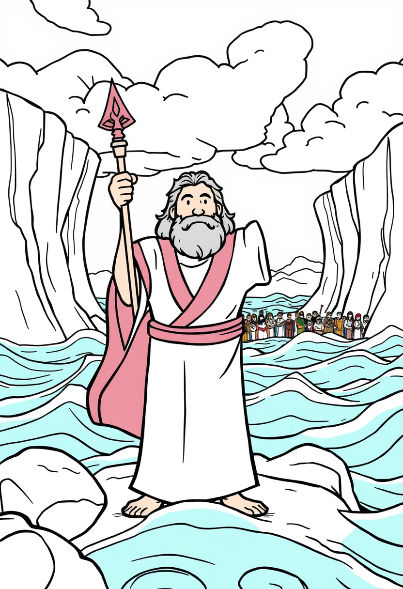 Depict Moses standing with his staff raised, as the Red Sea parts, with walls of water on either side and the Israelites crossing. a coloring book page, cartoon style, thick lines, low details, no shading.