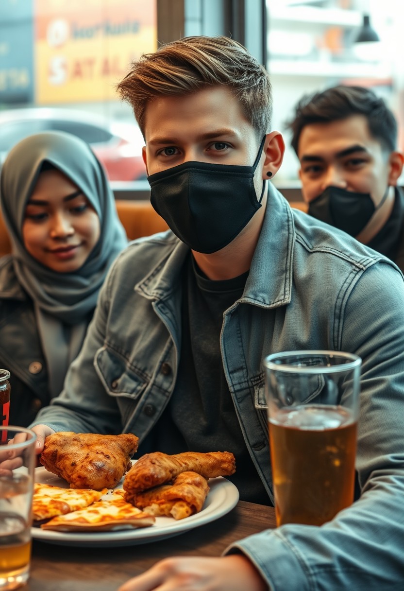 Jamie Dornan's head and body shot, handsome, young, black face mask, blue jeans jacket, jeans, dating a Muslim girl with a grey hijab, beautiful eyes, black face mask, black leather jacket, biggest floral skirt, at a fast food restaurant, plate of cheese pizza slices, plate of Korean fried chicken and fries, glass of soft drink, eating with 3 other random smiling friends in the background, photorealistic, hyper-realistic, street photography.