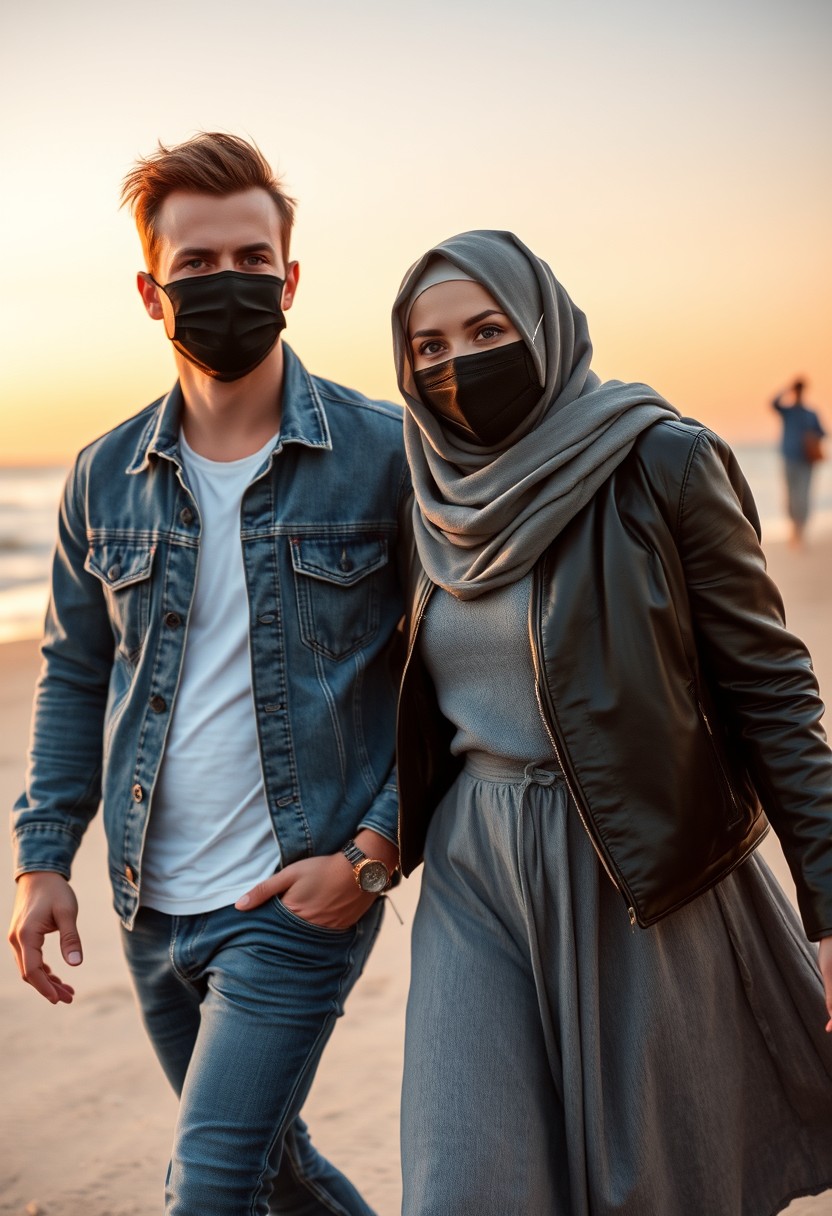 Jamie Dornan's head and body shot, handsome, black face mask, denim jacket, jeans, dating, love couple, with the biggest grey hijab Muslim girl, black face mask, beautiful eyes, black leather jacket, largest skirt, walking happy at the beach, sunset, hyper-realistic, street photography.