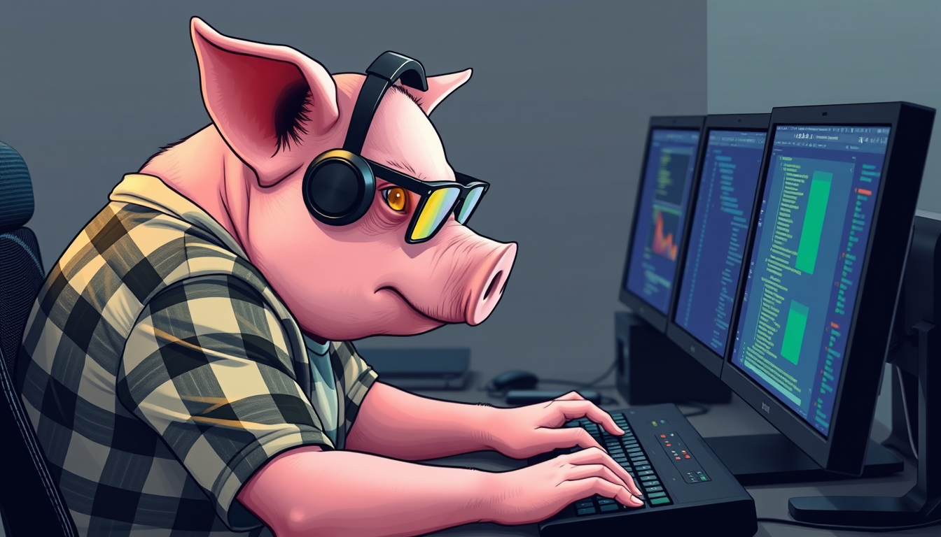 A tech-savvy pig coder, wearing yellow-tinted glasses and sleek noise-cancelling headphones, hunches over a cutting-edge multi-monitor setup. The anthropomorphic pig exudes focus, typing furiously. Dressed in a plaid t-shirt.