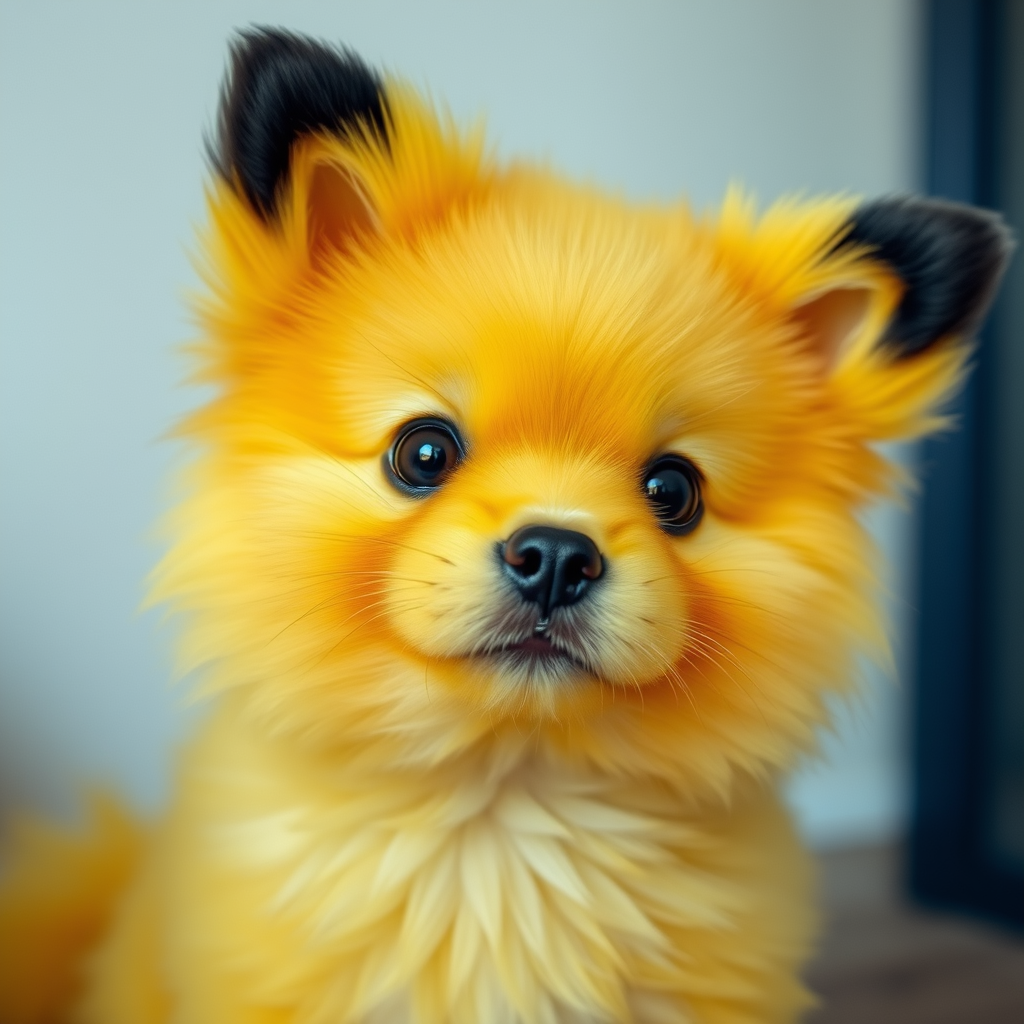 Pikachu if it were a dog, cute fluffy yellow fur, cute face.