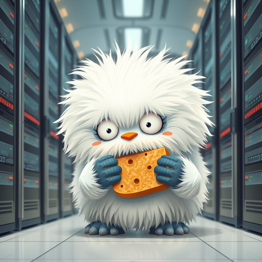 A fluffy cute baby monster branded "Omni.bot" eating a huge datacenter. - Image