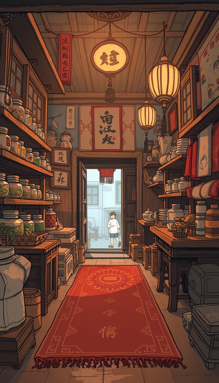 A rescue scene inside an ancient Chinese shop. The shop is filled with traditional goods like herbs, fabrics, and antiques. Wooden shelves display jars of herbs and bolts of fabric, and a simple carpet covers the floor. Ancient decorations hang on the walls. The scene is in 8K resolution, flat comic sketch style, with warm tones to capture the atmosphere of the ancient shop and the urgency of the situation. The scene is depicted in 8K resolution with a flat comic sketch style, graphic novel aesthetic, 2D effects, and drab painting style, emphasizing.