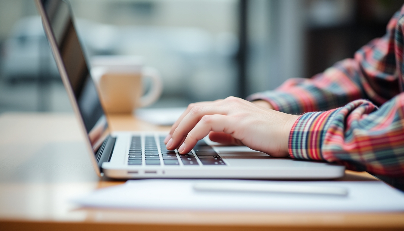 A man typing on a laptop with a blurry background.