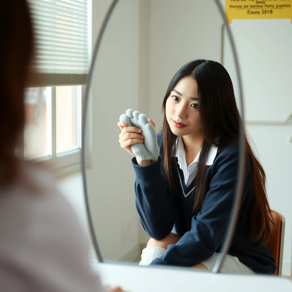 A female student is sitting and looking in the mirror, and she can see her socks. - Image