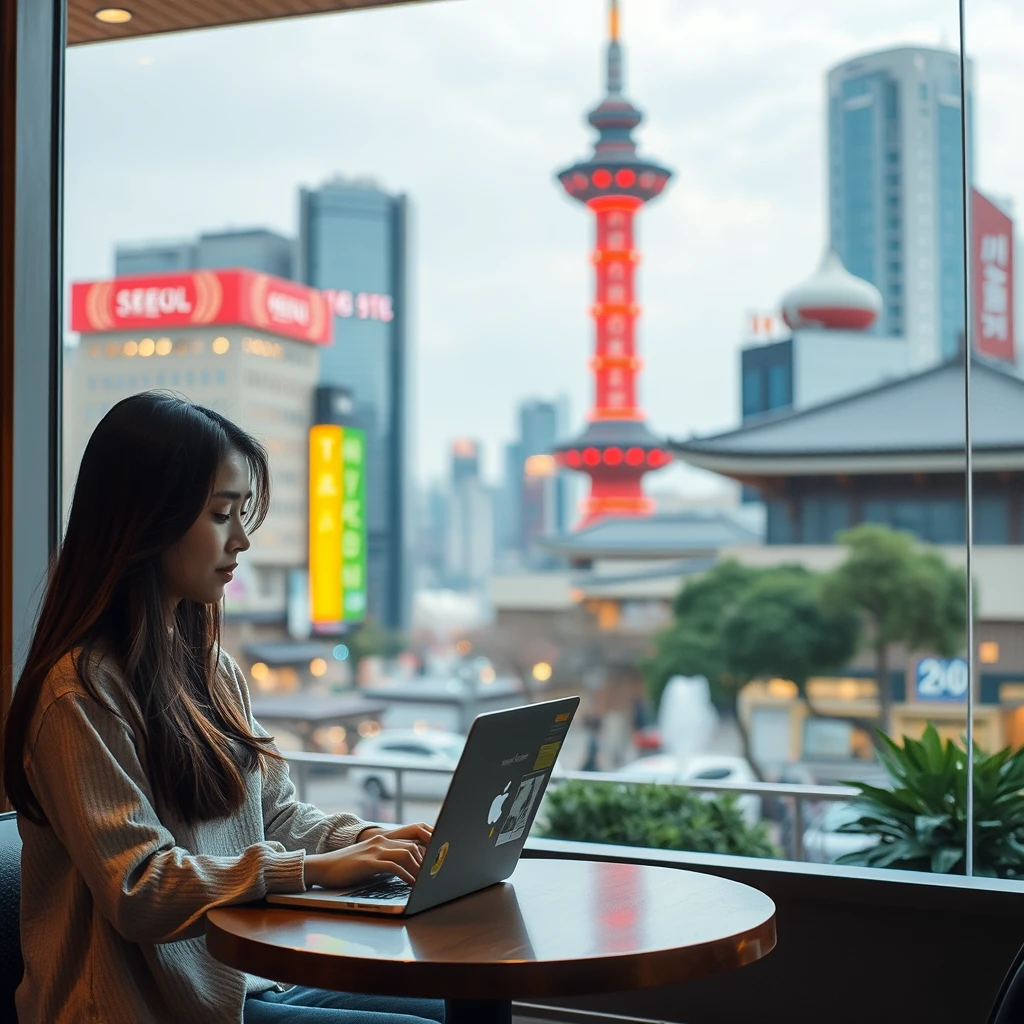 Modern Seoul backdrop with a young Korean woman working on her laptop in a cafe.