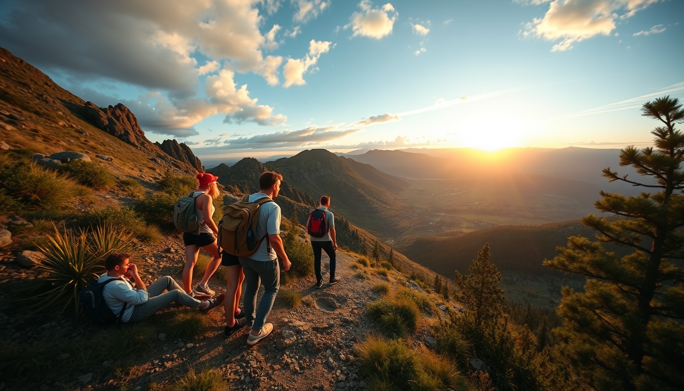 A wide-angle shot of a group of friends hiking up a mountain trail, with expansive views of the valley below and the sun setting on the horizon.