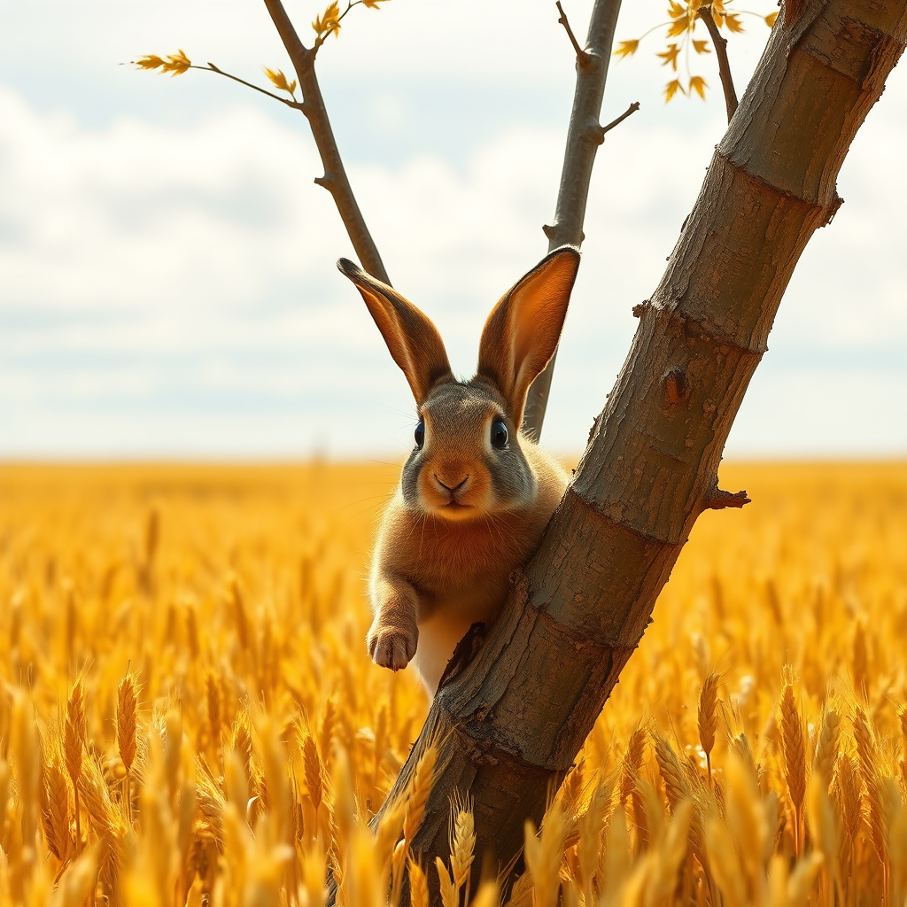 The background is a yellow wheat field, with a rabbit running and crashing into a tree.