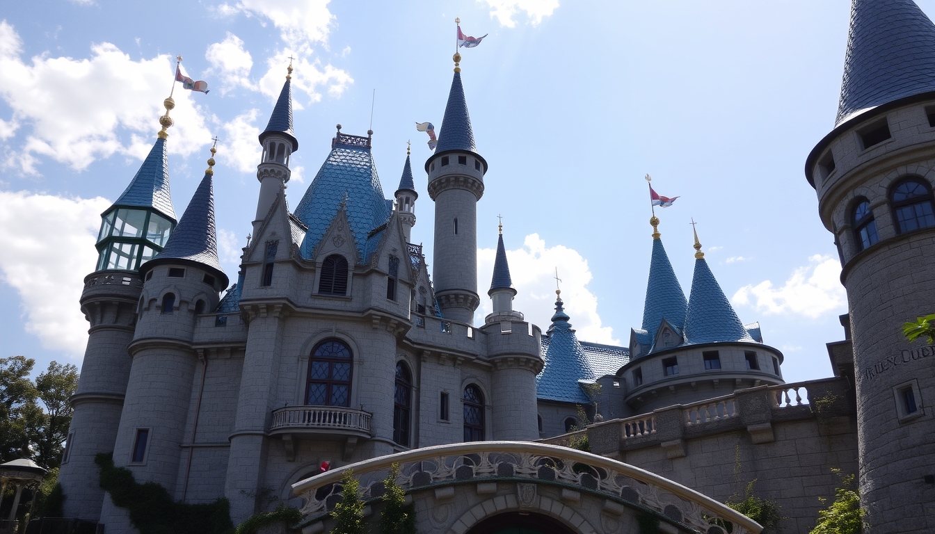 A whimsical fairy tale castle with glass turrets sparkling in the sunlight.