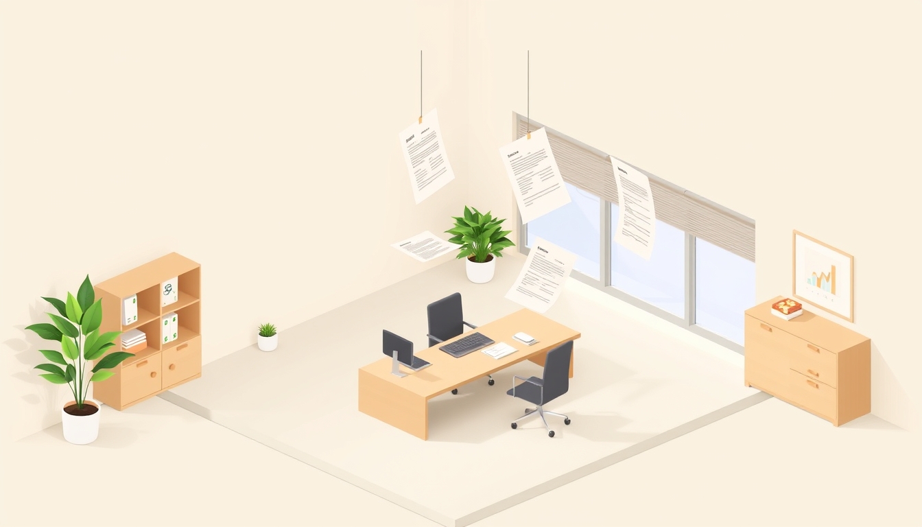 Modern Isometric Office Space with Floating Financial Documents in Soft Tones