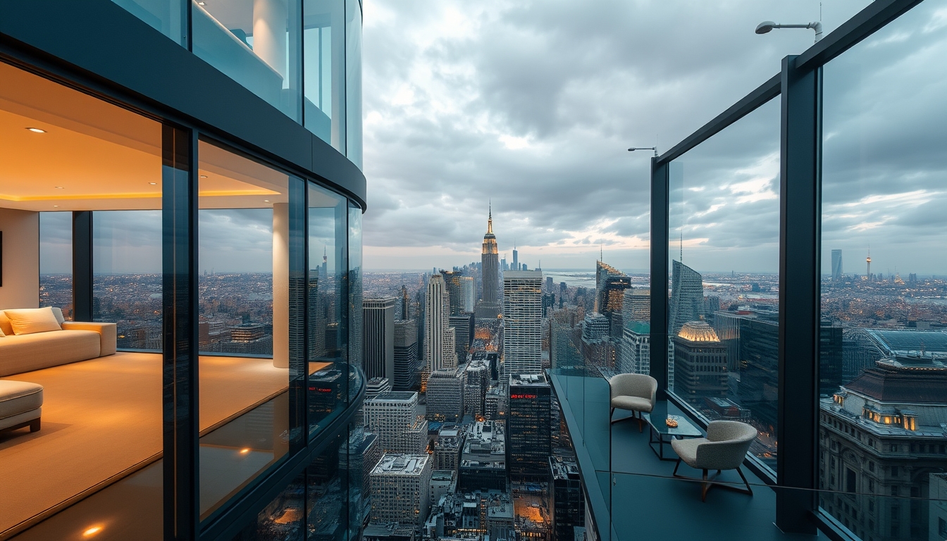 A luxurious glass-walled penthouse apartment overlooking a bustling city. - Image