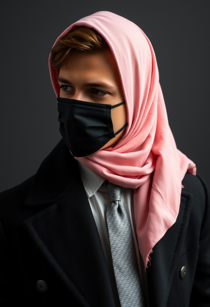 Jamie Dornan's head and body shot, handsome, young, shy smile, white shirt half-buttoned, grey patterned tie, black coat suit, leather shoes, leather bag, dating love with the biggest soft pink hijab girl, beautiful eyes, black face mask, biggest floral juba, hyper-realistic, studio photography, full photography. - Image