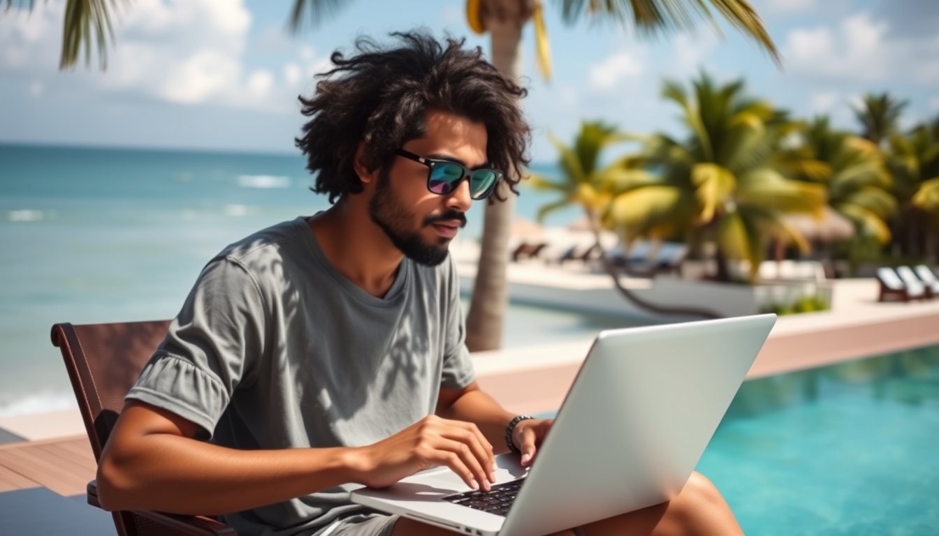 A digital artist working on a laptop in a tropical location, with the ocean in the background, emphasizing the freedom of remote work.