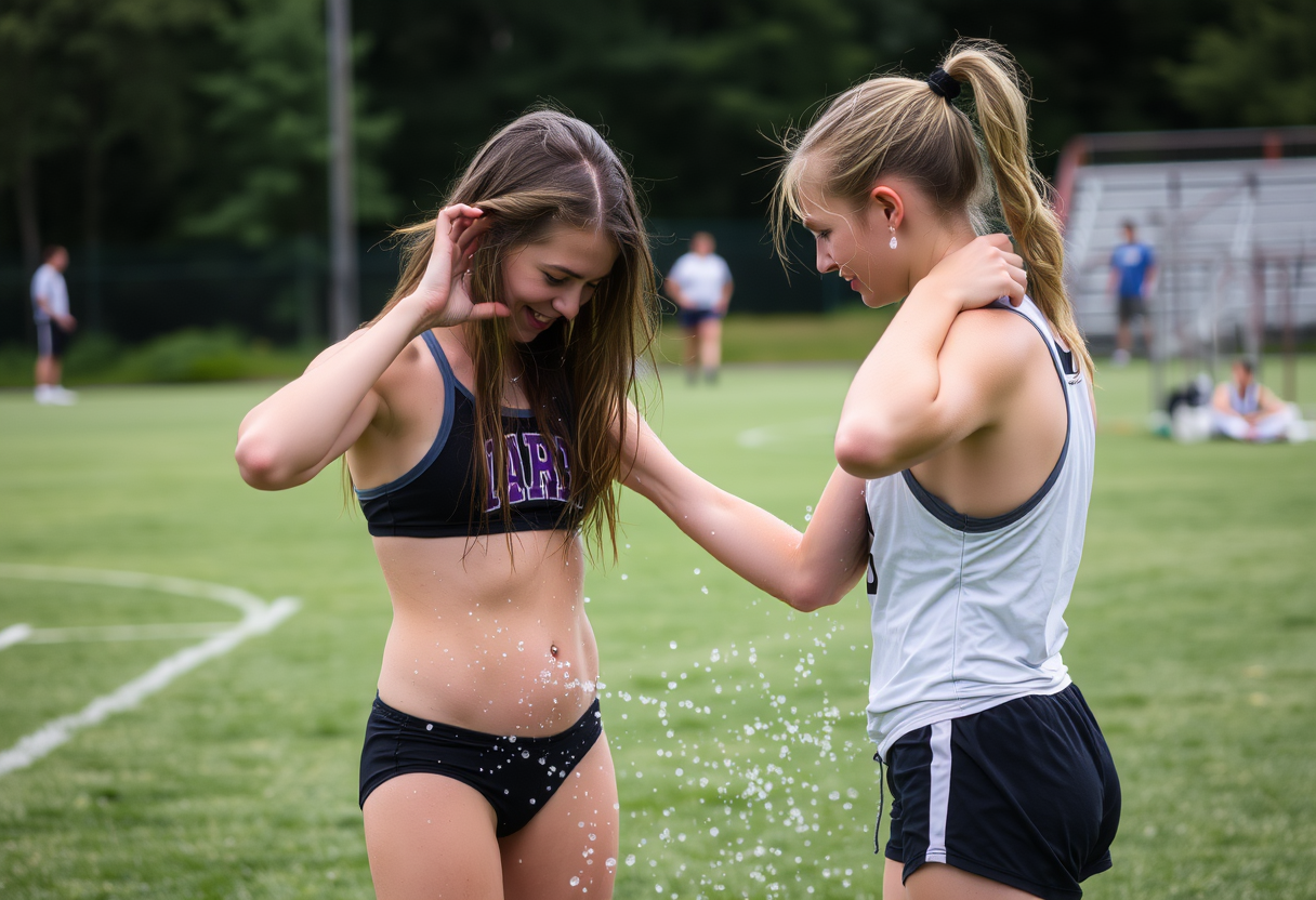 A lacrosse camper impishly helps the bunkmate she has a crush on dry off after their post-practice shower, intimate, blossoming, ulterior. - Image