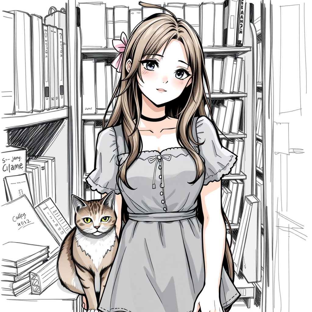 young women, nice outfit, short dress, whole, front face, with a cat sitting beside, background is a bookstore, portrait sketches, [NAME] --sref 1337752005 - Image