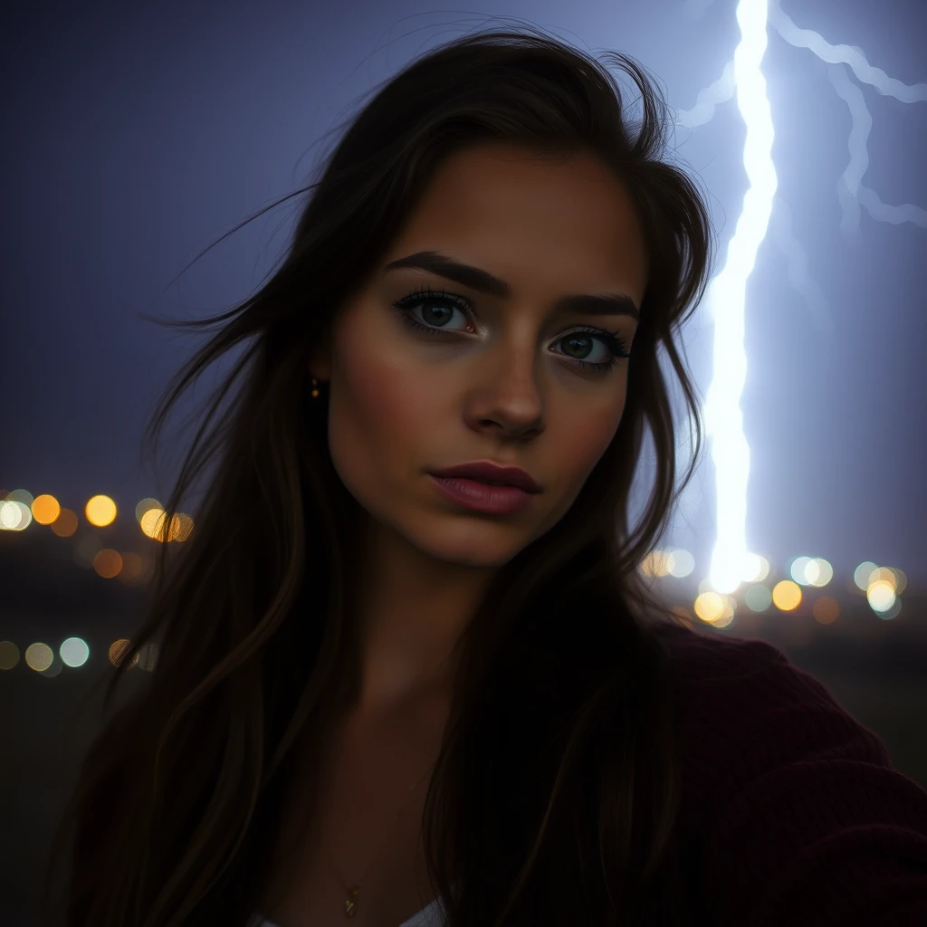 self-portrait of a woman, lightning in the background