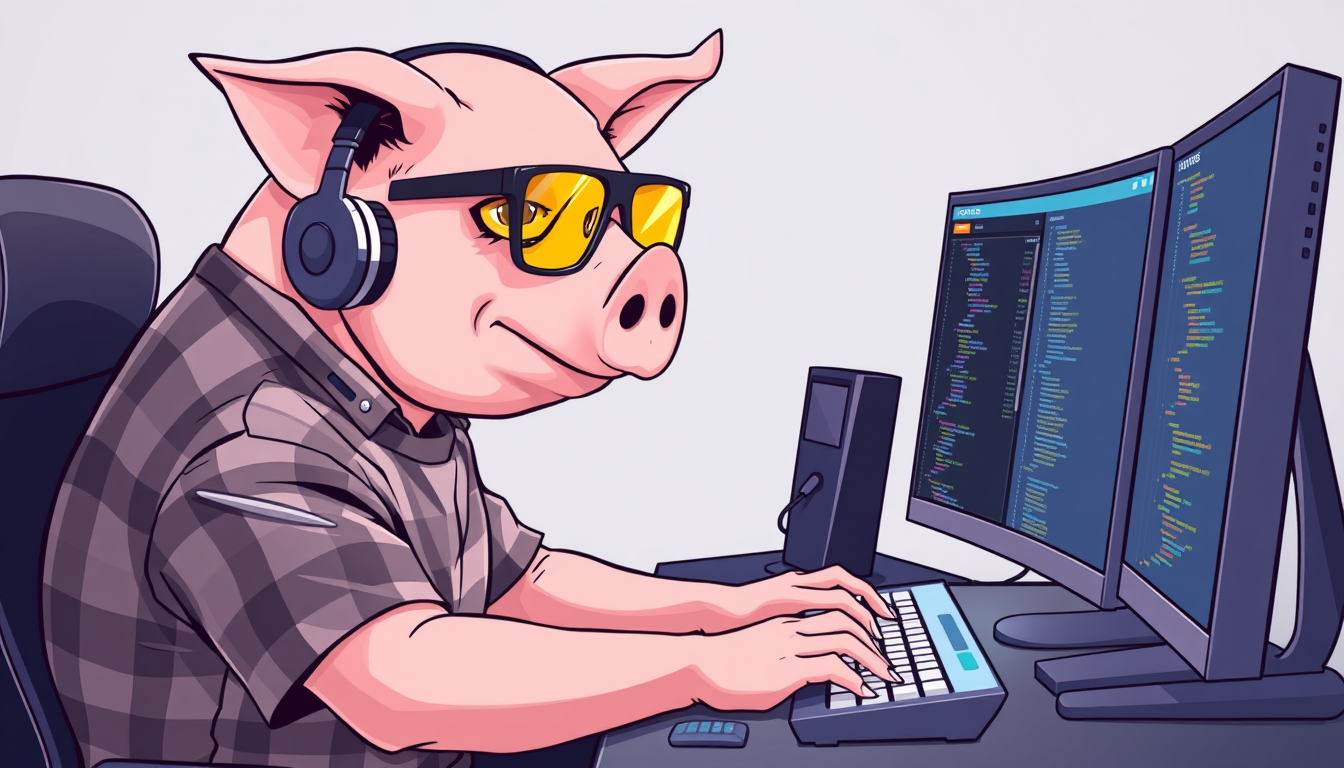 A tech-savvy pig coder, wearing yellow-tinted glasses and sleek noise-cancelling headphones, hunches over a cutting-edge multi-monitor setup. The anthropomorphic pig exudes focus, typing furiously. Wearing a plaid t-shirt.