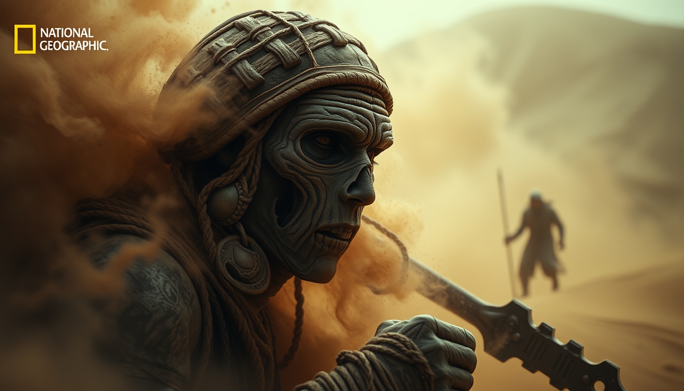 very dark focused flash photo, amazing quality, masterpiece, best quality, hyper detailed, ultra detailed, UHD, perfect anatomy, portrait, dof, hyper-realism, majestic, awesome, inspiring, Capture the thrilling showdown between the ancient mummy and the colossal sand boss in an epic battle amidst swirling dust and desert sands. Embrace the action and chaos as these formidable forces clash in the heart of the dunes. cinematic composition, soft shadows, national geographic style.