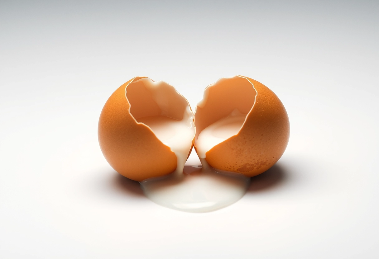 A close-up shot of an egg cracked in two on an endless pure white surface, with egg whites flowing from between the two eggshell halves onto the surface, filled with the galaxy's stars.