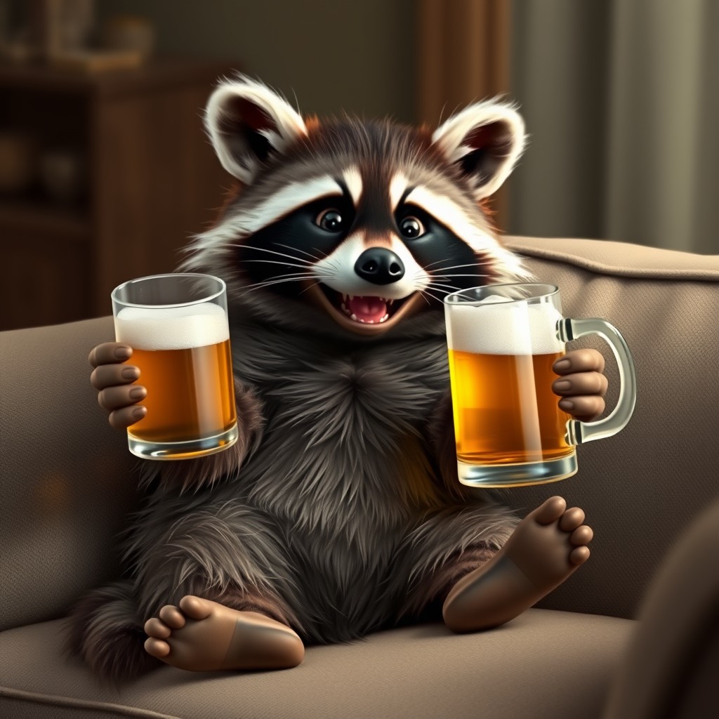 Cute raccoon sits on the couch and holds a mug of beer in his hand, raccoon drunk, smiling, realistic style, realistic photo.