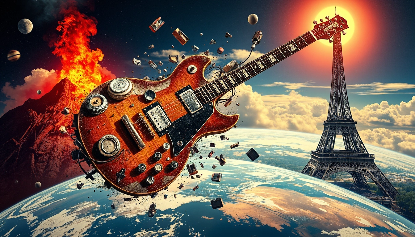 Monumental guitar broken and falling into pieces and debris over earth, perspective pop rock fluorescent collage sci-fi steampunk machinery extra dust particle cloud octane render and paper art ink art Méliès, Jules Verne, big-eyed creature from hell, burning mountain, sad human climbing the sky, giant spitz Pomeranian, wires and cables, Eiffel Tower is collapsing like a puzzle.