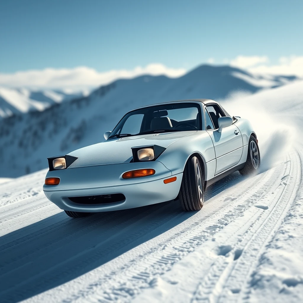 Create an image of a 1991 Mazda MX-5 drifting on a snowy mountain.