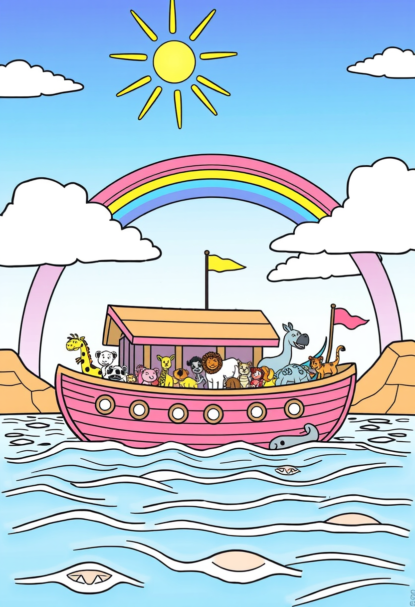 Create a colorful illustration of Noah's Ark, filled with various animals, floating on a gentle sea under a bright rainbow. A coloring book page, cartoon style, thick lines, low details, no shading.