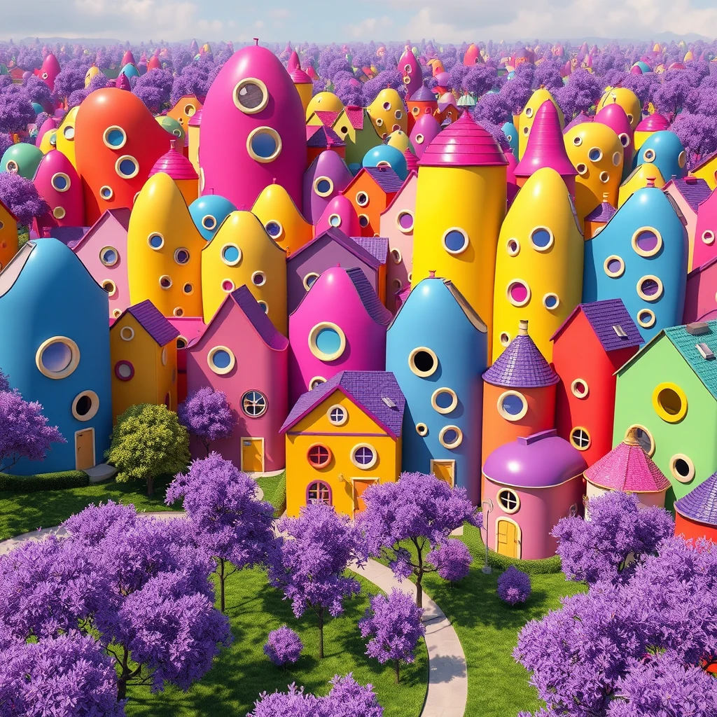 Colorful morphic buildings with circular windows everywhere in a big village, all the trees are purple, also inspired by Dr. Seuss, realistic CGI.