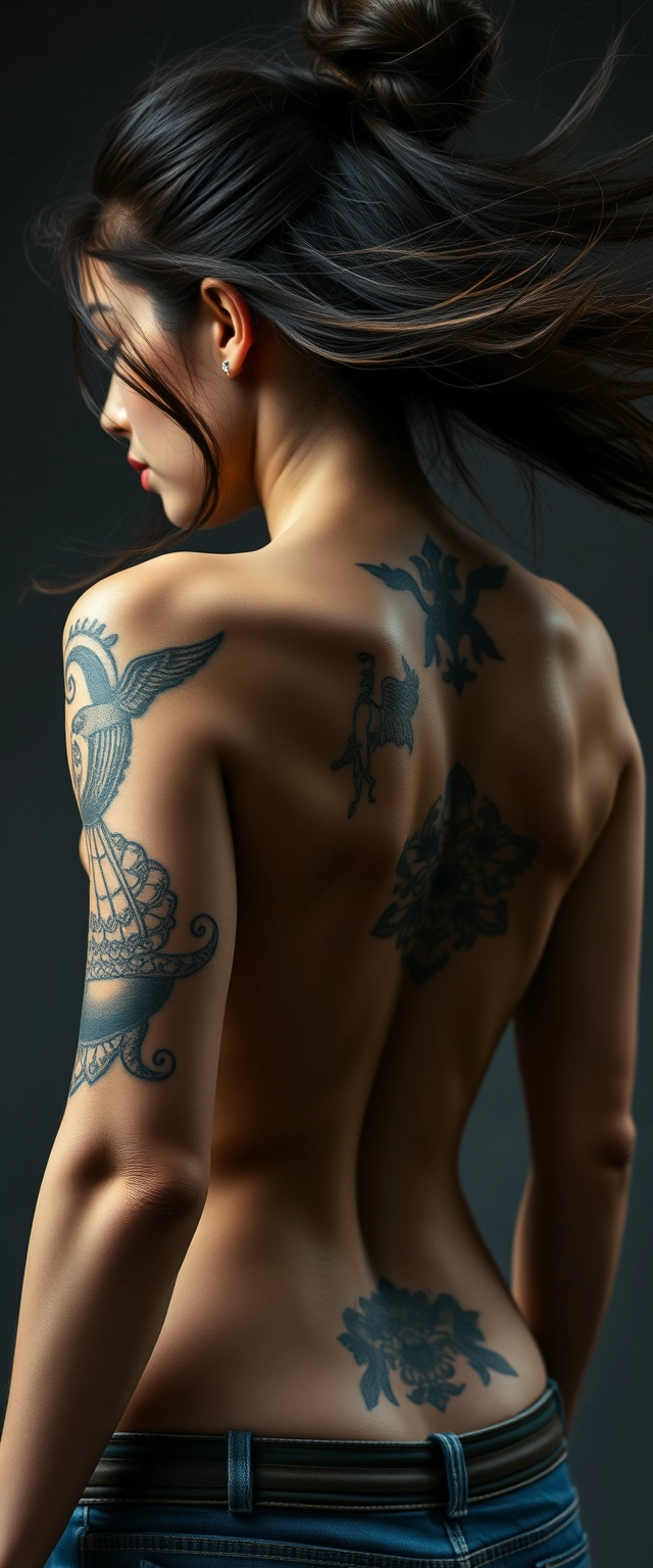 Close-up view of the back of tattooed white-skinned muscular Indian Korean women with hair flying. - Image