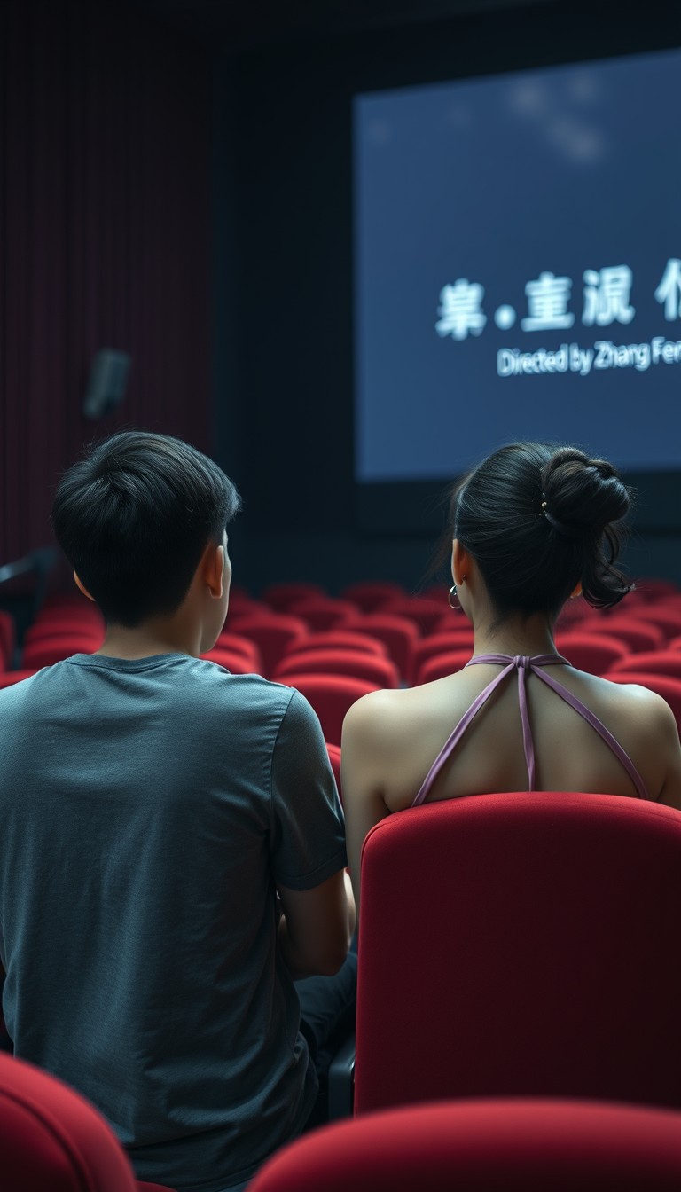 In a dimly lit theater, a young Chinese man and woman sit in their seats watching a movie, the boy in a gray short-sleeved t-shirt, the girl with fair skin, wearing a pink halter dress and a hairpiece. The seats in the theater are all red, and on the big screen, it clearly states, "Directed by Zhang Fengwei," seen from the back, extremely realistic. - Image