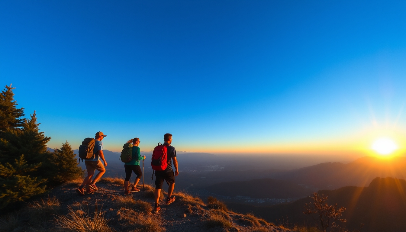 A wide-angle shot of a group of friends hiking up a mountain trail, with expansive views of the valley below and the sun setting on the horizon.