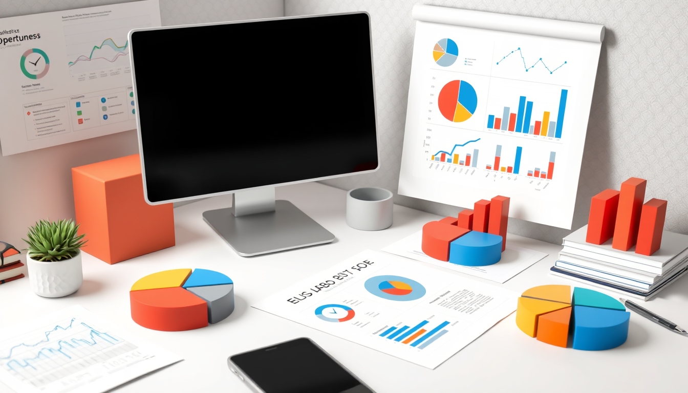 Organized workspace with 3D pie charts and graphs, ideal for business presentations, copy space available.