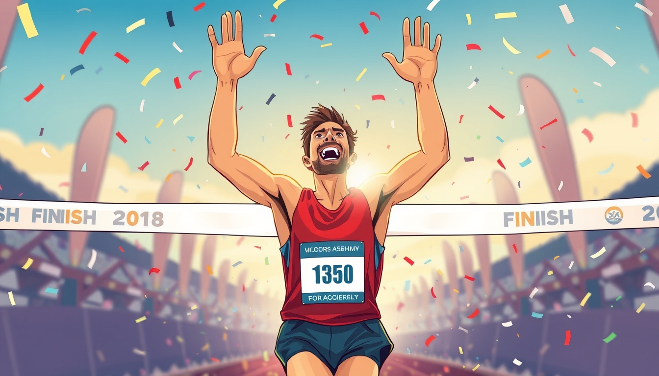 Triumphant athlete crossing the finish line, arms raised in victory, confetti falling, sunlight illuminating their face, intense joy and accomplishment, illustration. - Image