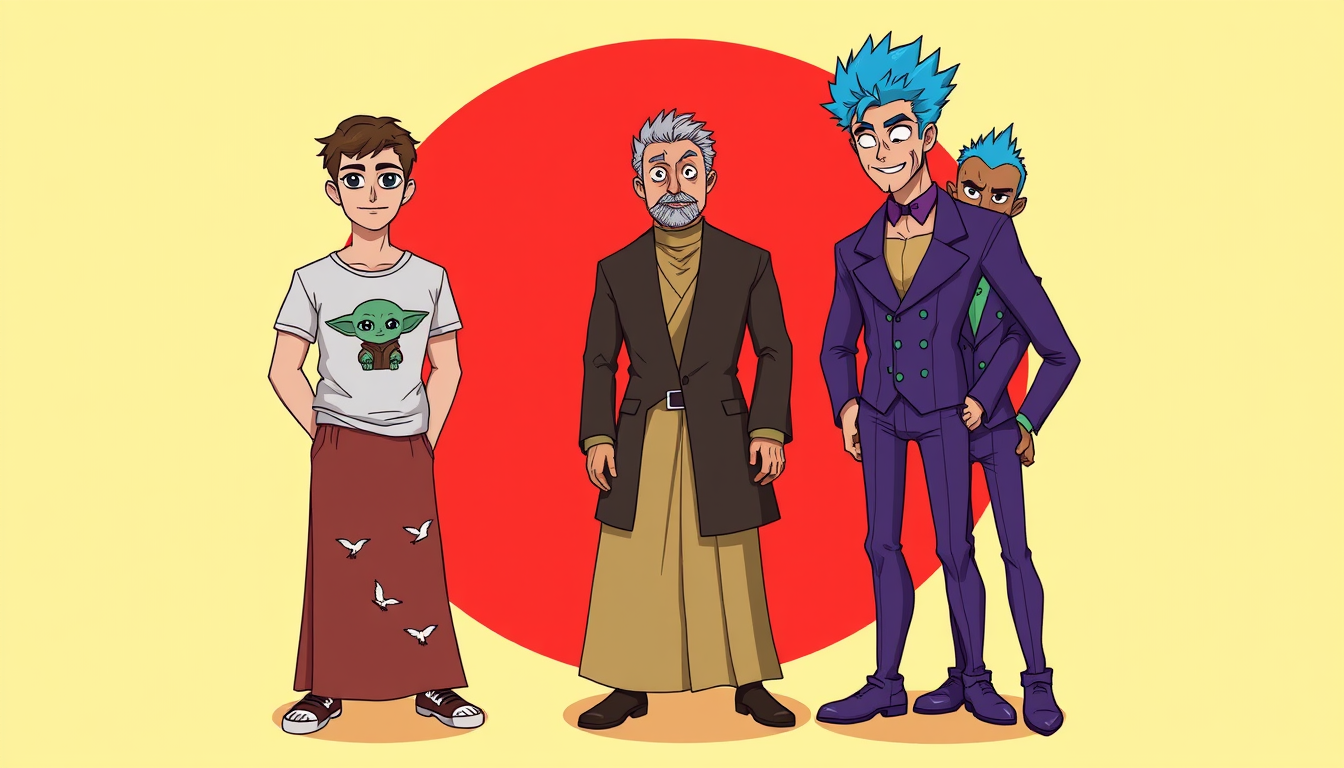 A cartoon style image of five men standing together against a backdrop that is divided equally in half down the middle; the left side is red and the right side is gold. One young man is wearing a t-shirt with a Yoda motif, a woman has a long skirt with birds on it, and another man is wearing a three-piece purple suit with spiky blue hair.