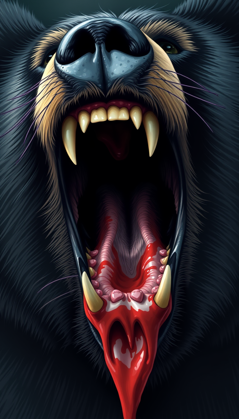 "Furry art style, depict the details of the mouth of a black bear while it is hunting, throat details, the throat area should be bright, details of the teeth, details of the saliva, the whole mouth is filled."