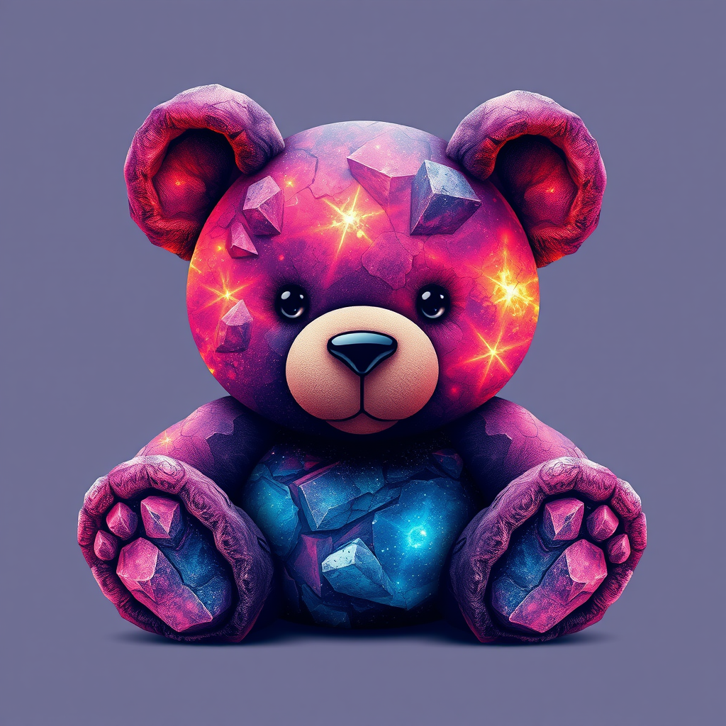 A tee shirt design of a teddy bear whose entire body, ears, and head are perfectly made of a beautiful jagged mineral that looks reminiscent of the universe. Striking and beautiful, with deep blues and purples contrasting with vibrant reds and orange. - Image