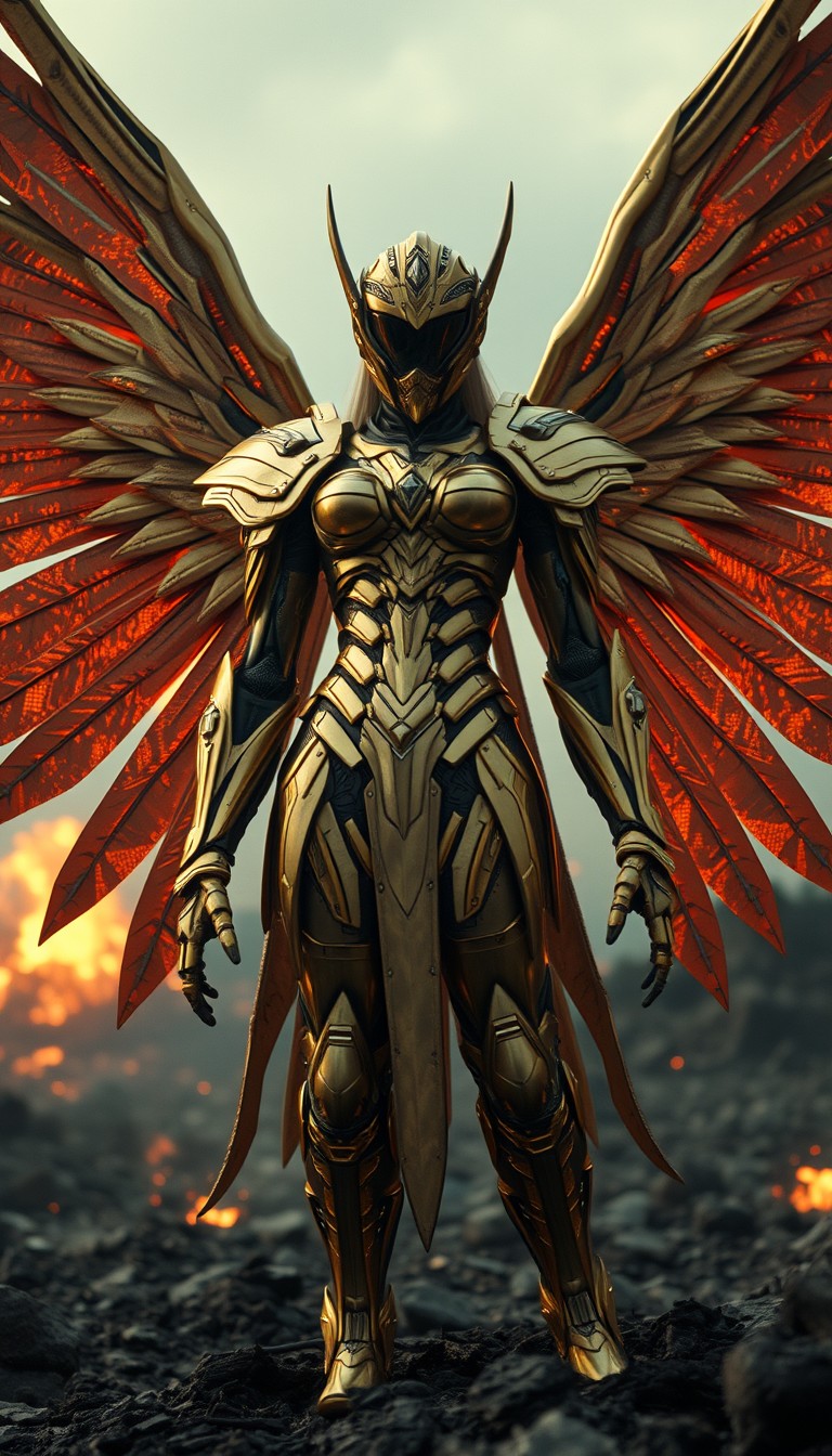 Cinematic shot of a cyborg female battle angel rising from ashes, golden regal Valkyrie armor, full helmet, futuristic, standing on a battlefield, movie scene, film grain, realistic, shot from below, image for a flyer. - Image