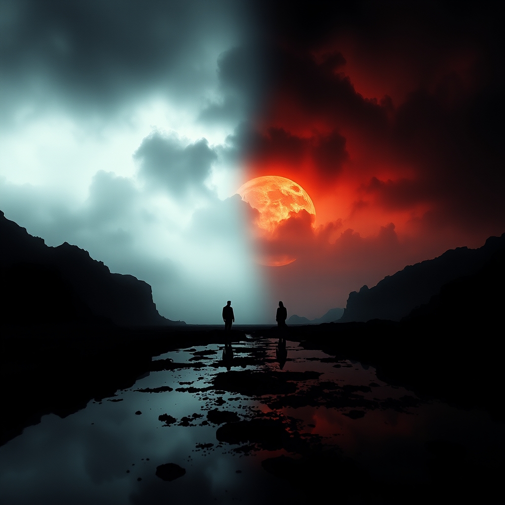 mystical landscape, Forces of Good versus Evil, day and night, duality, light and dark, contrasting colors, contrasting landscape, image split. highly detailed and hyper realistic photo, by Alena Aenami, by Archibald Thorburn, by Daniele Afferni, in the style of monochromatic silhouette reflection, limited dark palette, unusual dark colors, faded colors, atmospheric haze, highly dramatic cinematic lighting, motion blur, film grain, professional, excellent composition, finest details, maximized details, ultimate detail level, masterpiece, best quality.