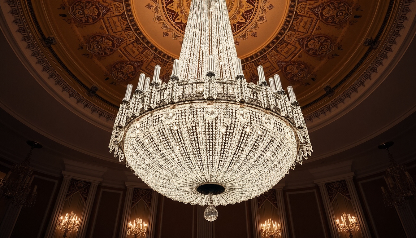 A stunning chandelier made of thousands of tiny glass crystals in a grand ballroom.